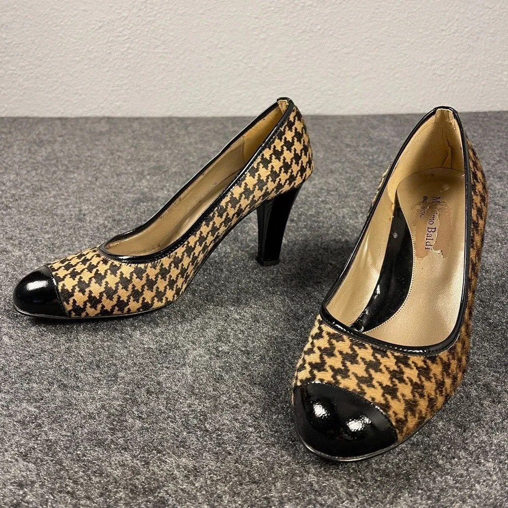 Massimo Baldi Houndstooth Calf Hair Pumps Womens 8.5 Black Cap Toe Heels Italy